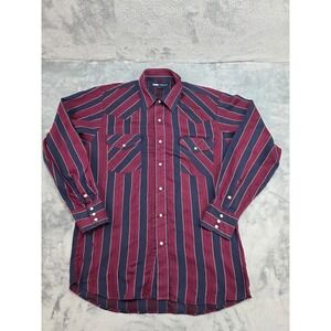 MWG Apparel Mens Western Pearl Snap Shirt Navy Burgundy Striped 39115 Size 15.5